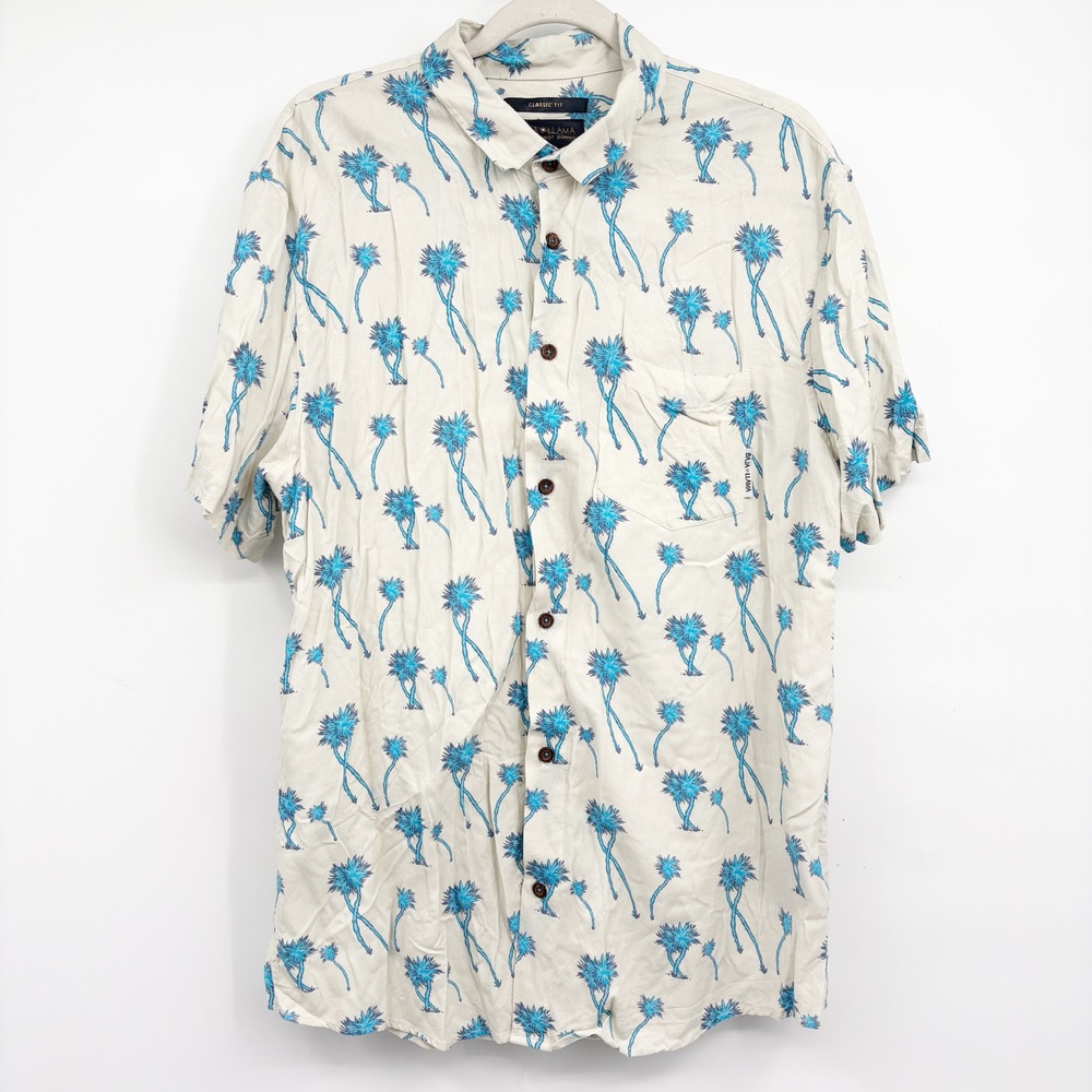 Baja Llama Mens Blue Palm Tree Print Tropical Coastal Button Down Camp Shirt XL